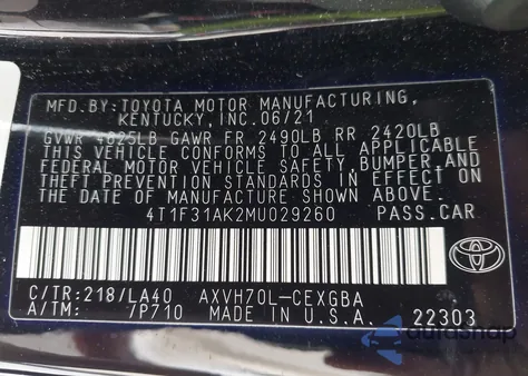 2021 Toyota Camry Xle Hybrid z USA, uszkodzony, nr VIN 4T1F31AK2MU029260